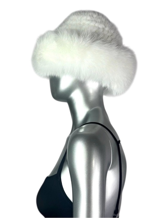 WHITE Knitted MINK Hat w/WHITE FOX Trim, 25” Adjustable, Certified Vintage Fur main image 10